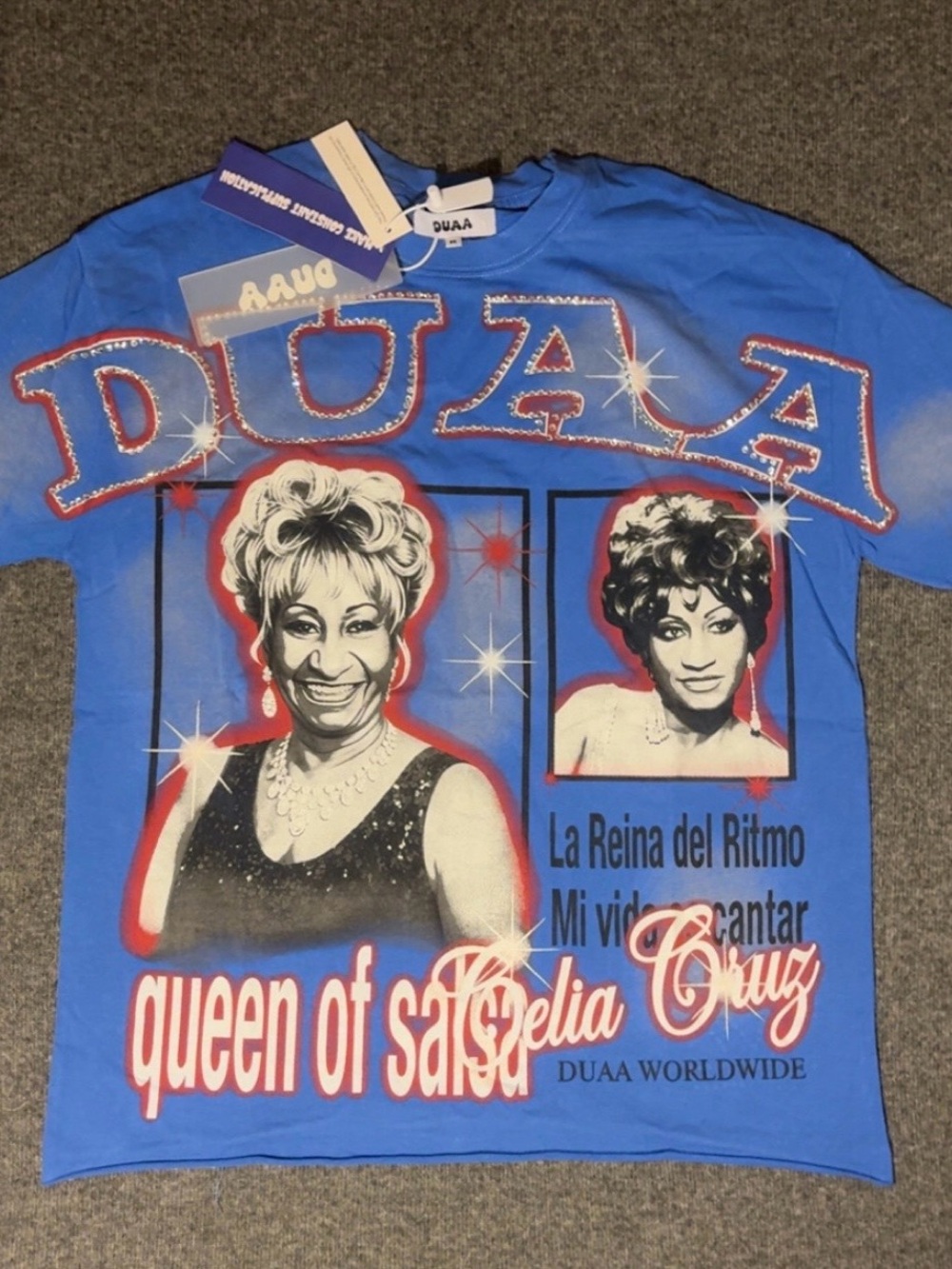 Blue DUAA "Queen of Salsa" Short Sleeve Tee - Celia Cruz Graphic